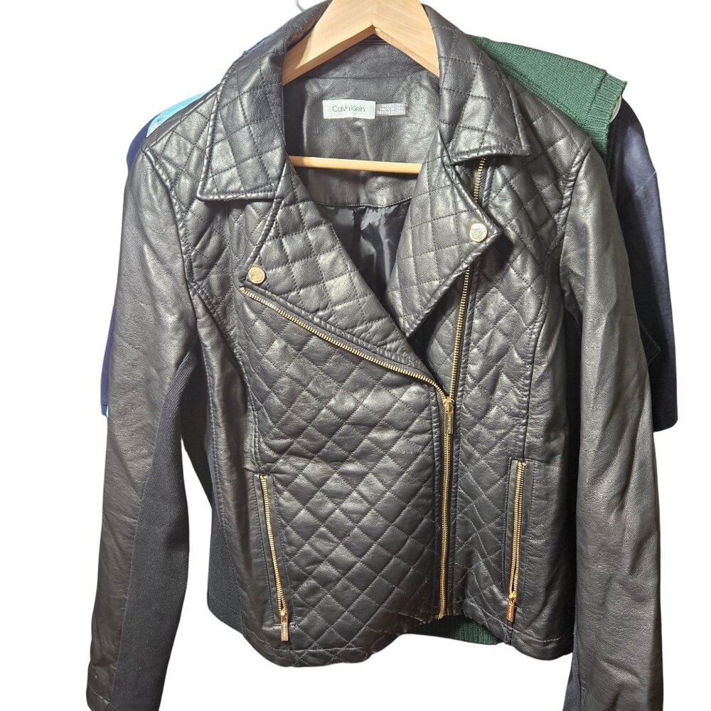 Calvin Klein Quilted Black Faux Leather Moto Jacket Womens M